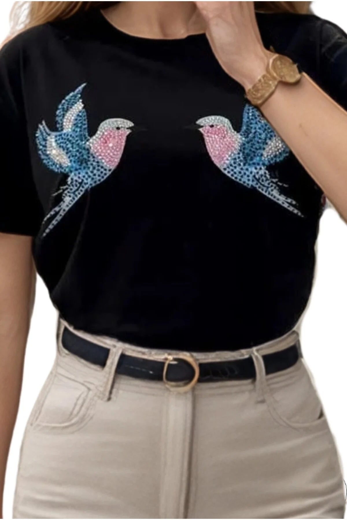 Camiseta Tilda Cactus Floral de Algodón con Lentejuelas - Negro