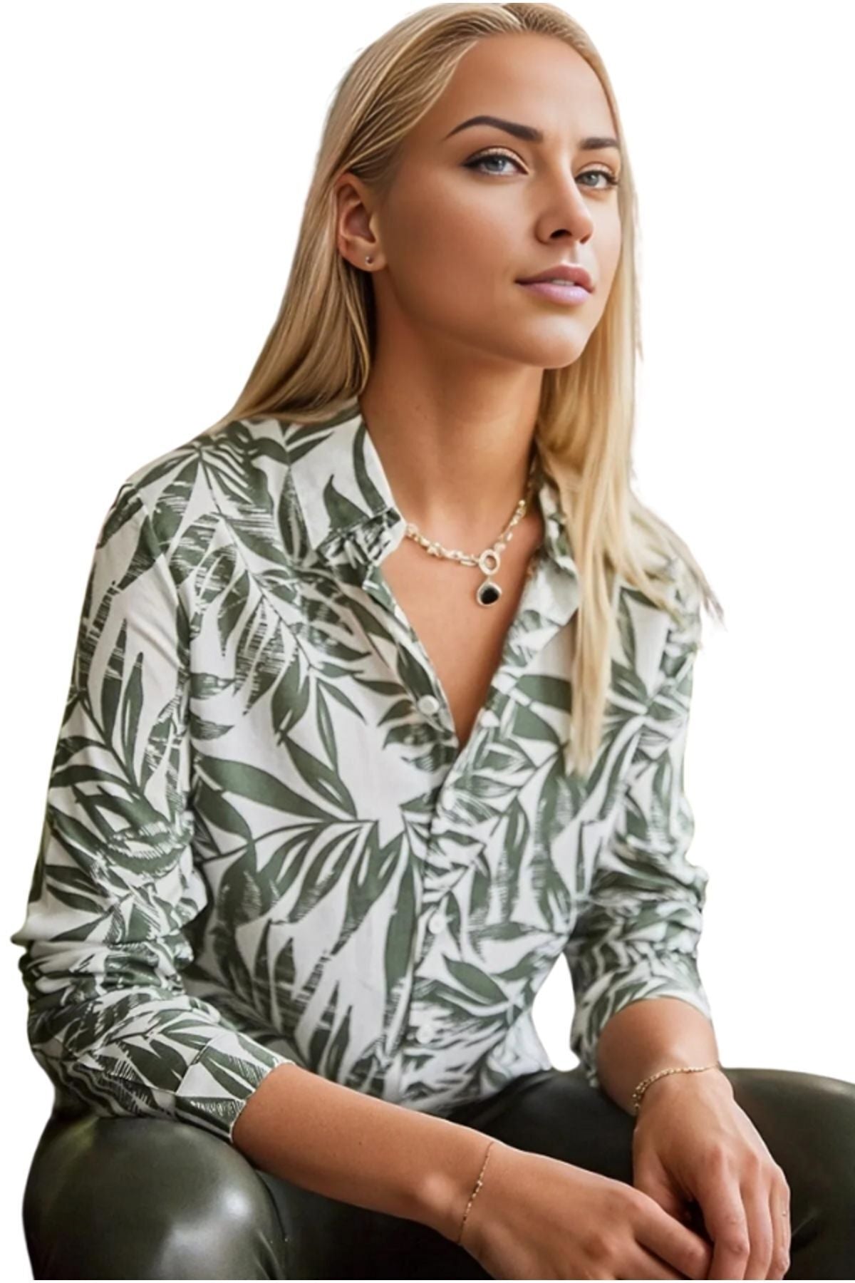 Amelia Women's Viscose Long Sleeve Button-Up Shirt - Green Leaf Print