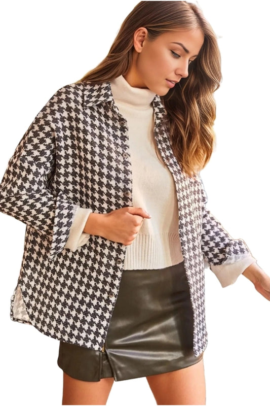Margot Women's Oversized Houndstooth Shacket - Black Houndstooth