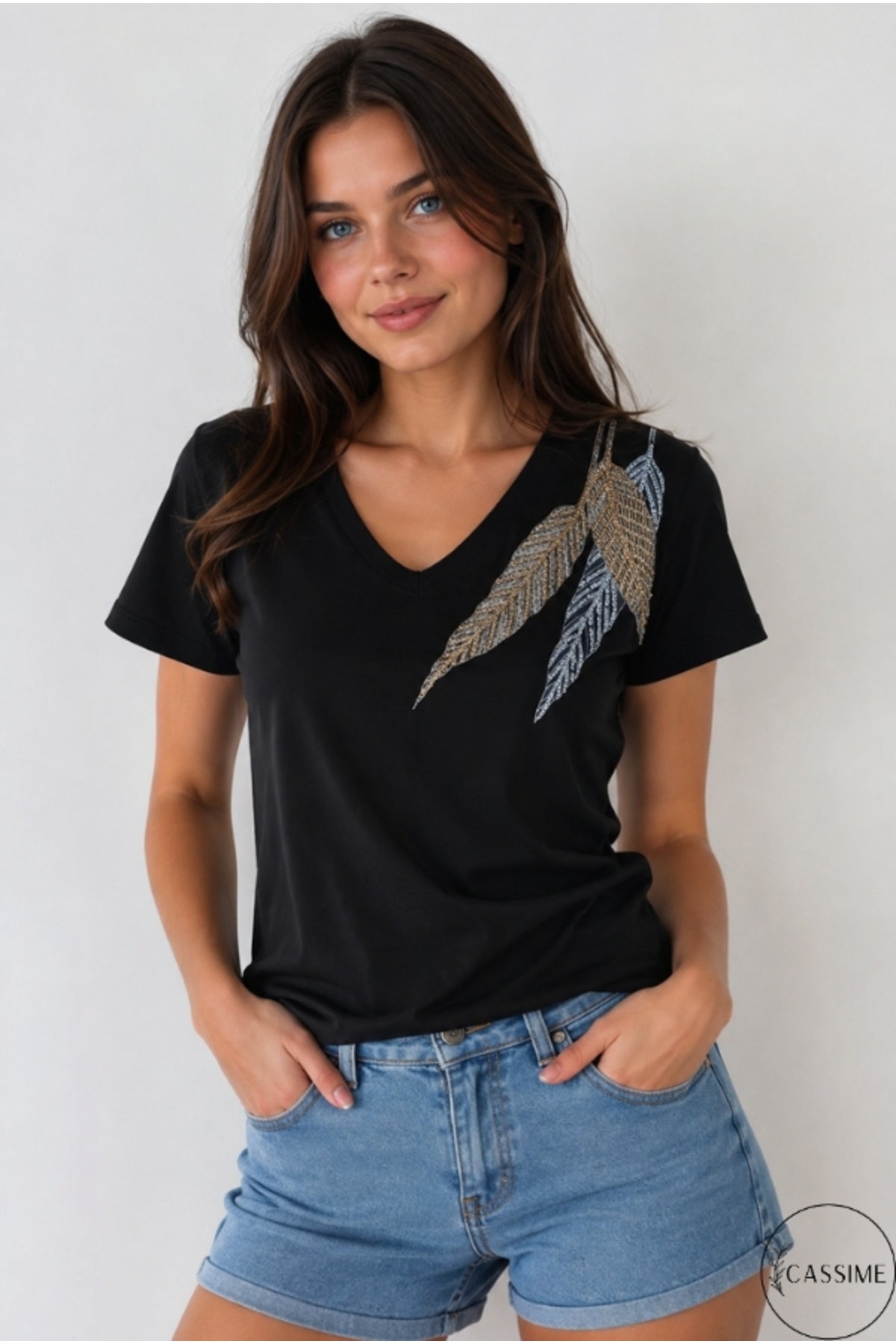 Olivia Women's Cotton Plus Size Embellished V-Neck T-Shirt - Black and Blue Feather Print