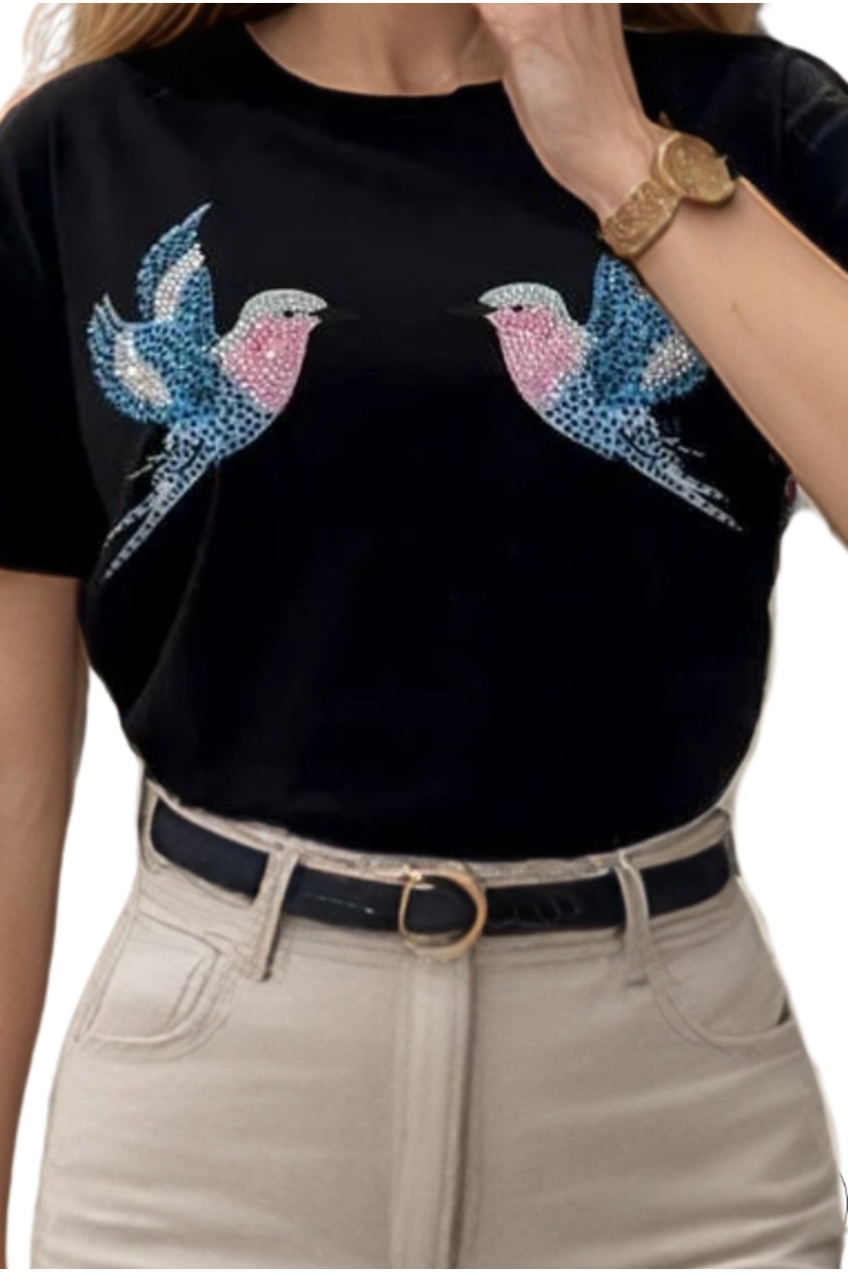 Cecilia Women's Cotton Bird Sequin T-Shirt - Black Bird Print