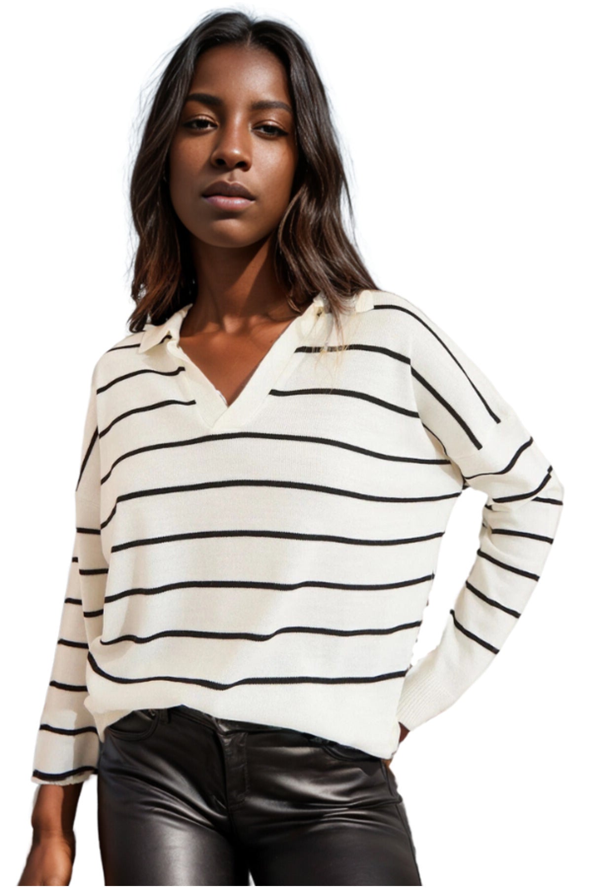 Samantha Women's Lightweight Striped Knit Sweater - Ecru Stripe