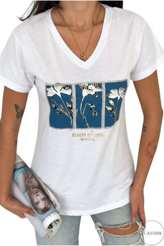 Tilda White Blue Floral Sequin Cotton T-Shirt