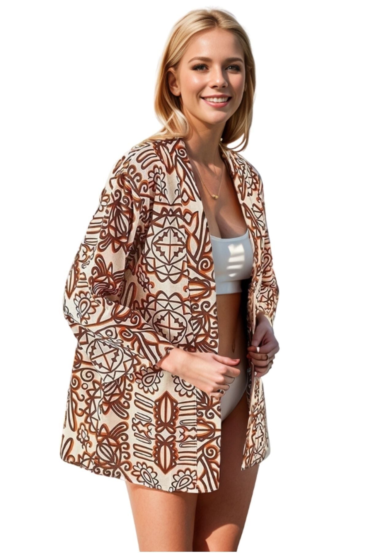 Catherine Women's Linen-Viscose Blend Relaxed Fit Kimono - Brown Boho Print