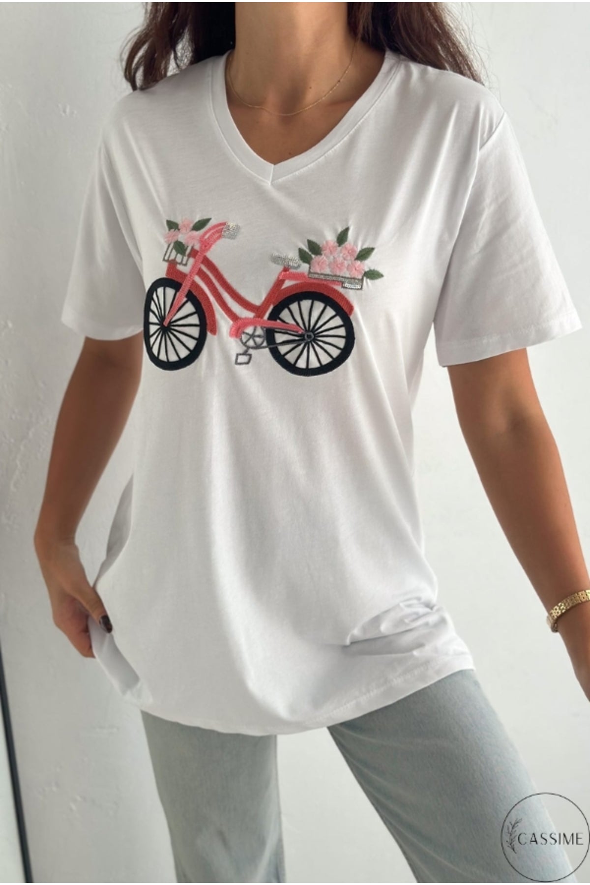Nora Women's Cotton Plus Size Graphic T-Shirt - White Bicycle Print