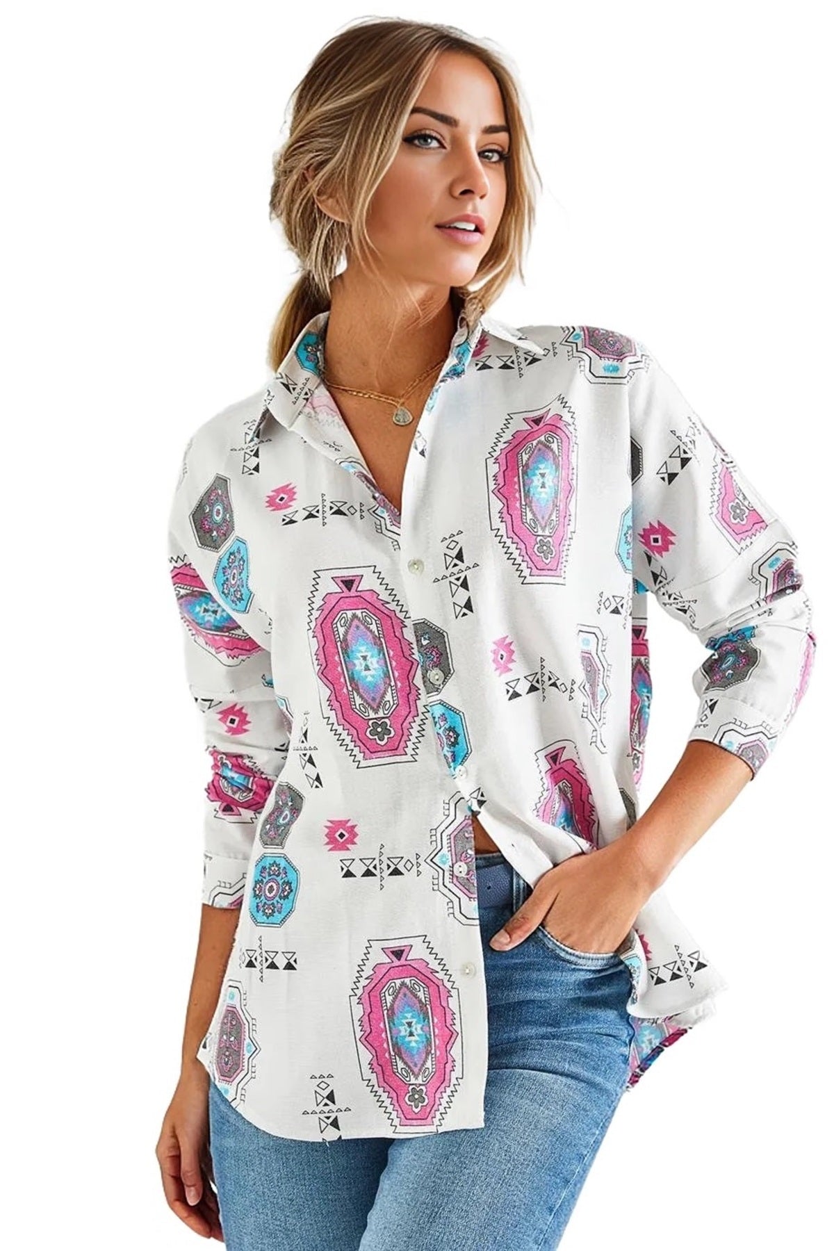 Emilia Women's Linen-Viscose Blend Oversized Printed Shirt - Pink Boho Print