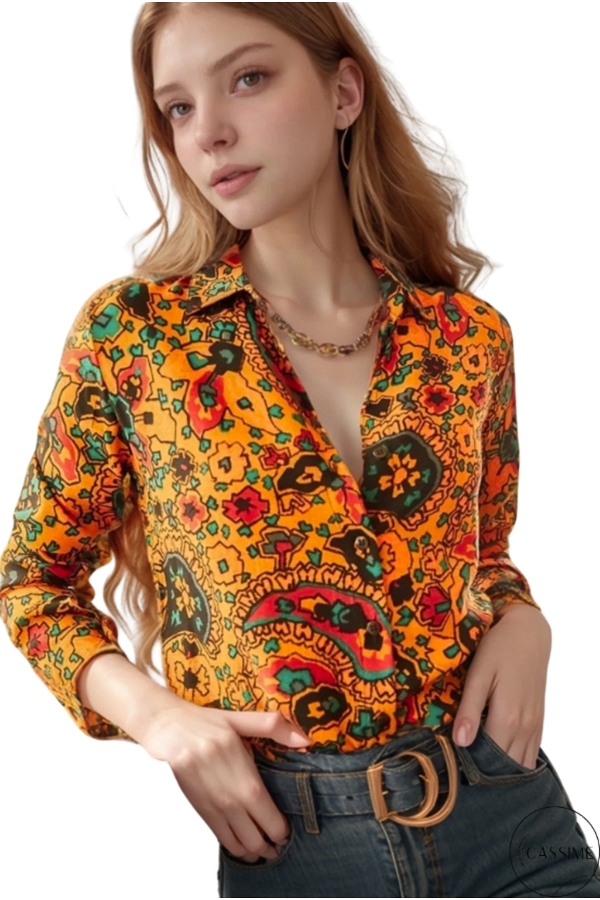 Amelia Women's Viscose Long Sleeve Button-Up Shirt - Mustard Paisley Print