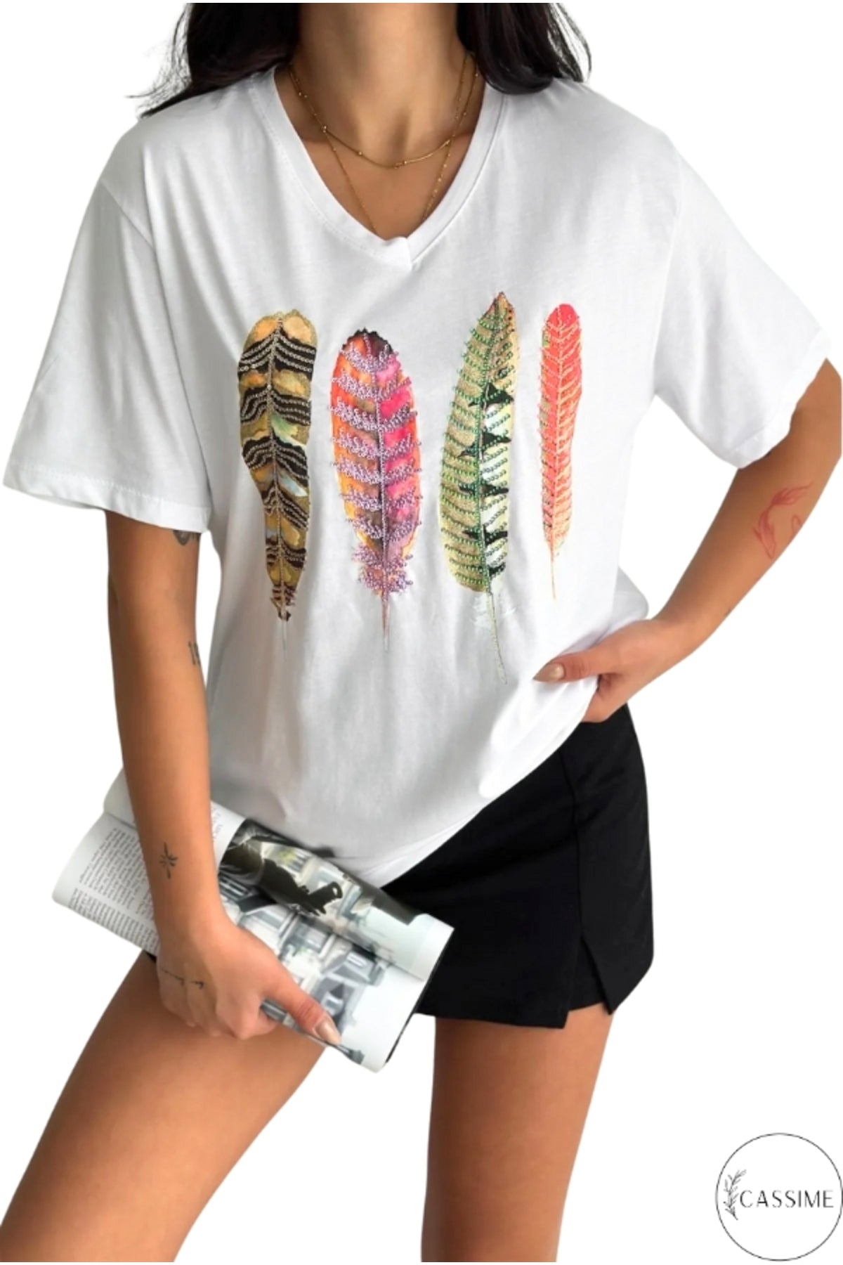 Sophie Women's Cotton Embellished V-Neck T-Shirt - White Four Multicolor Feathers Print