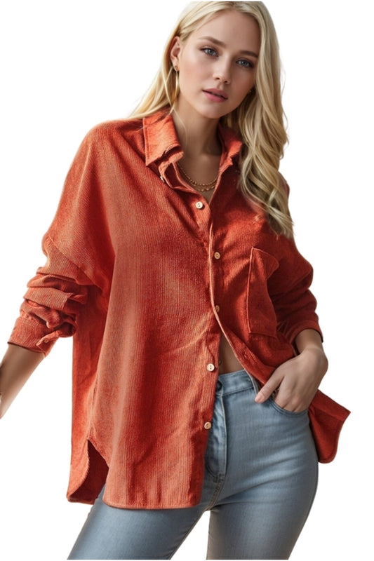Juliet Women's Oversized Corduroy Pocket Shirt - Terracotta