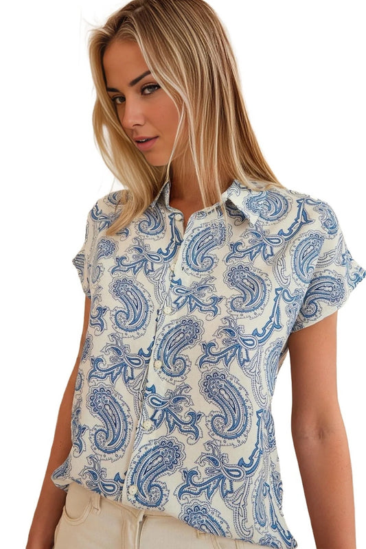 Charlotte Women's Short Sleeve Batwing Shirt - Light Blue Paisley Print