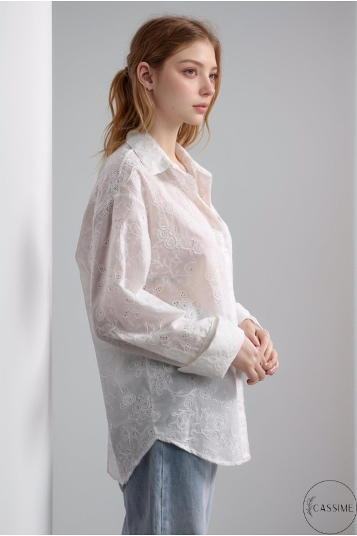 Florence Women's Cotton Floral Embroidered Pocket Shirt - White Floral