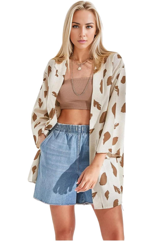 Catherine Women's Linen-Viscose Blend Relaxed Fit Kimono - Brown Leaf Print