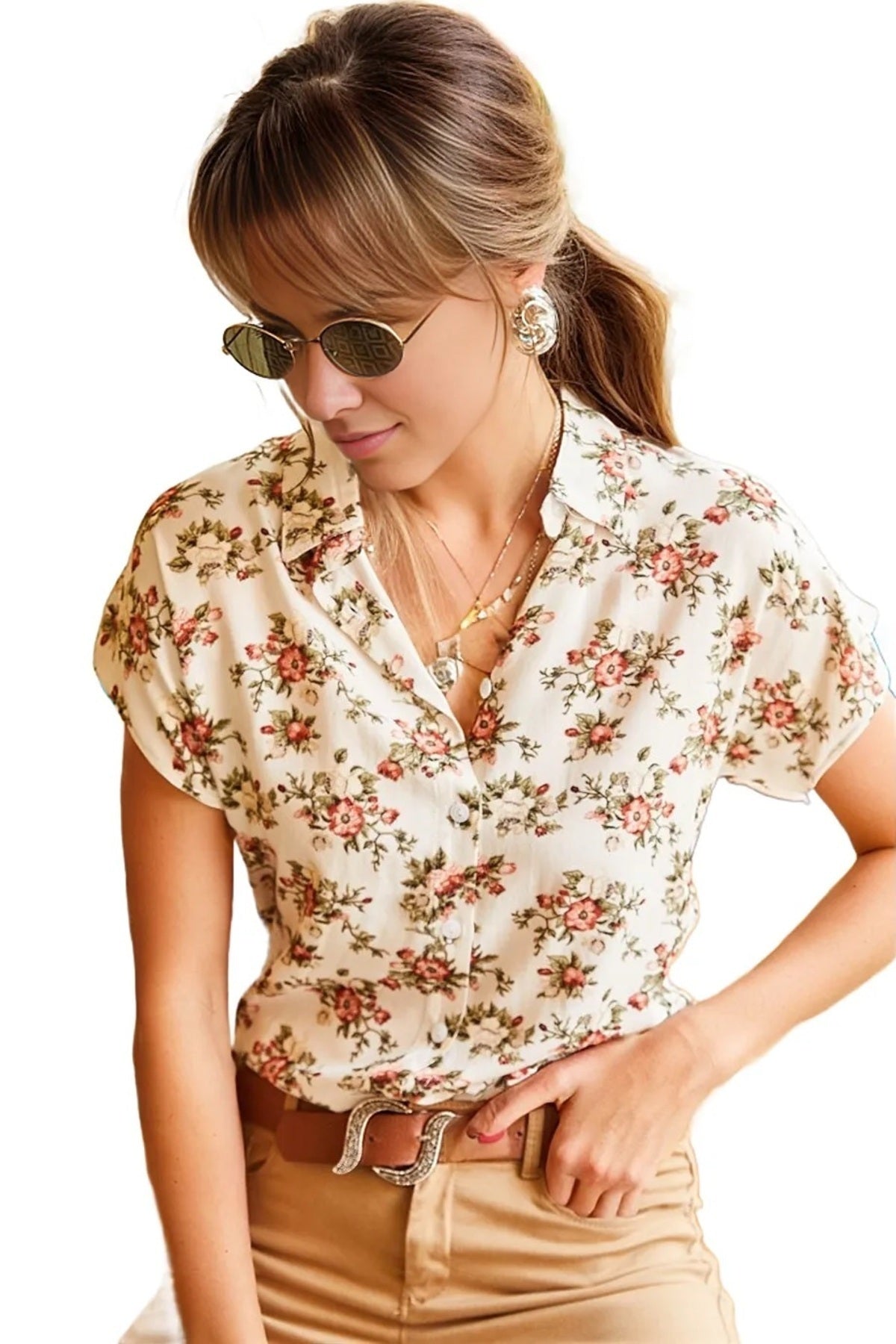 Charlotte Women's Short Sleeve Batwing Shirt - Orange Mini Floral