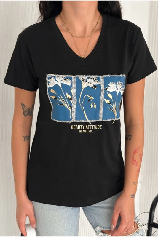 Tilda Black Blue Floral Sequin Cotton T-Shirt