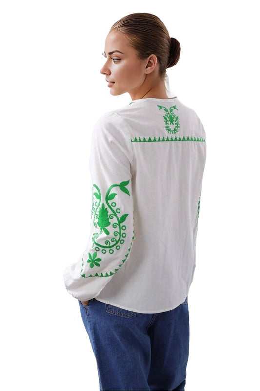Nina Women's Cotton Embroidered Button-Up Shirt Jacket - White with Green Embroidery