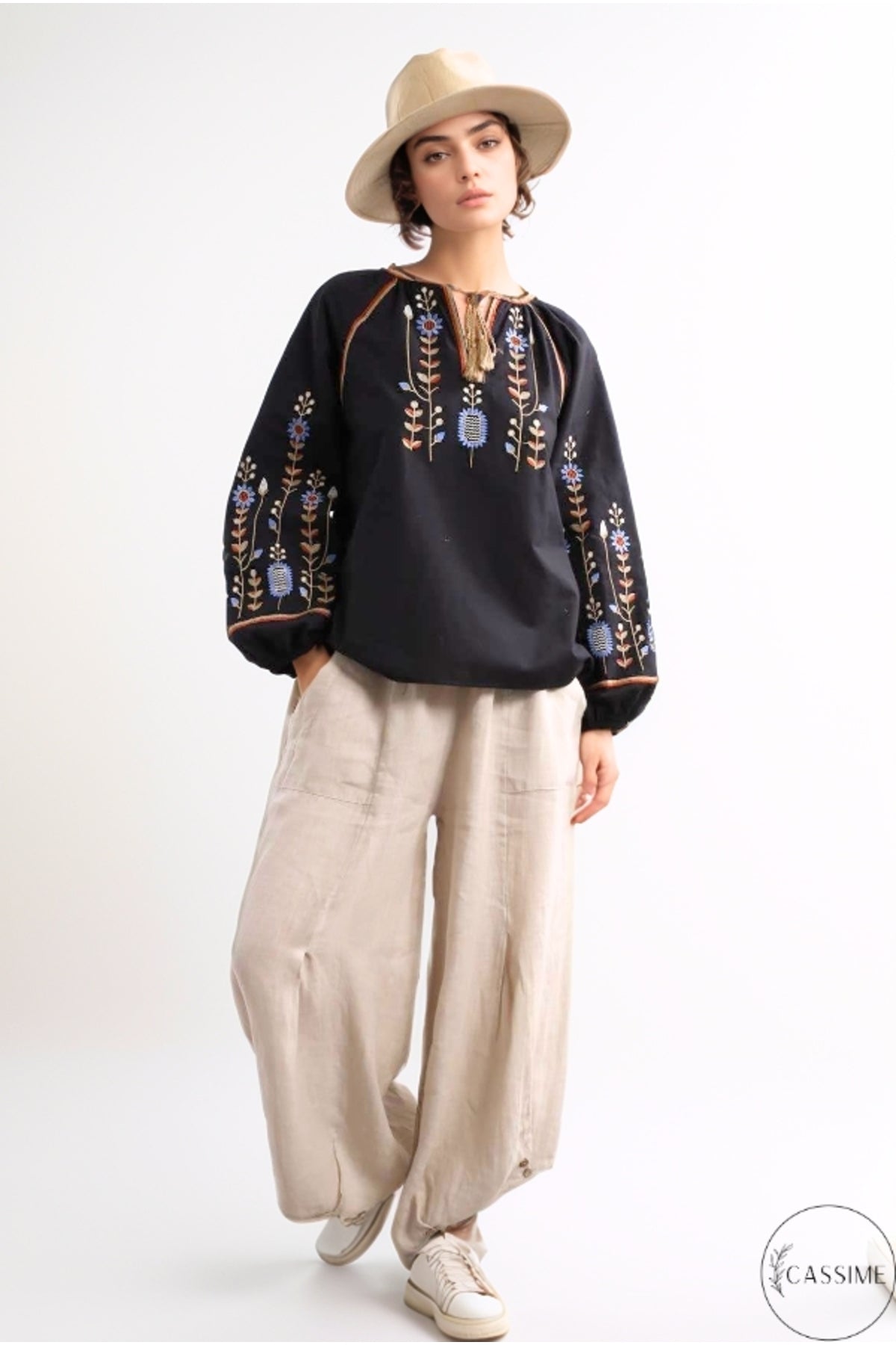 Frances Women's Cotton Embroidered Long Sleeve Blouse - Black