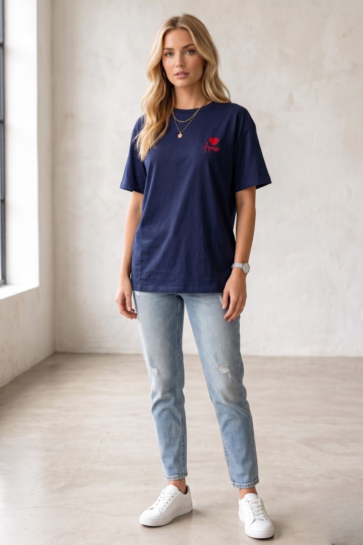 Eloise Women's Cotton Amor Heart Embroidered Oversized T-Shirt - Navy