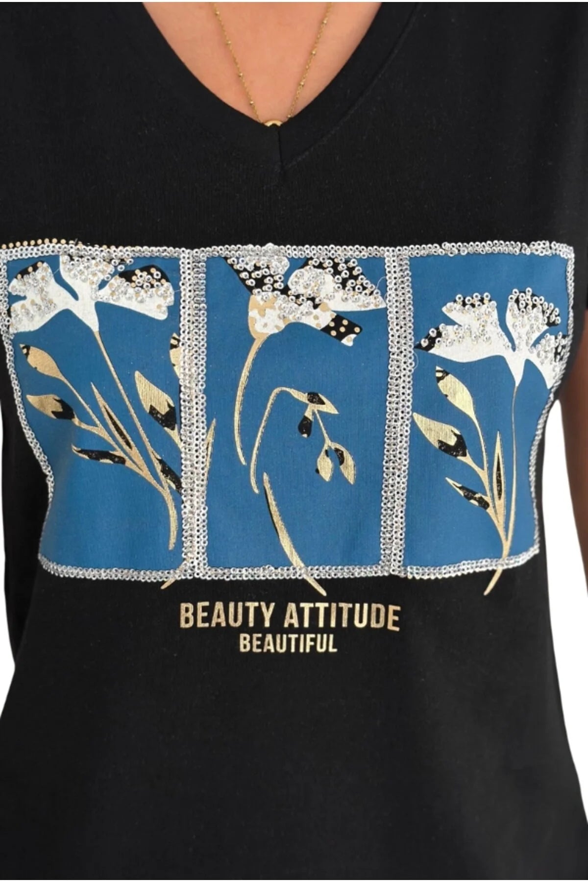 Camiseta de algodón Tilda con lentejuelas, diseño floral en negro y azul