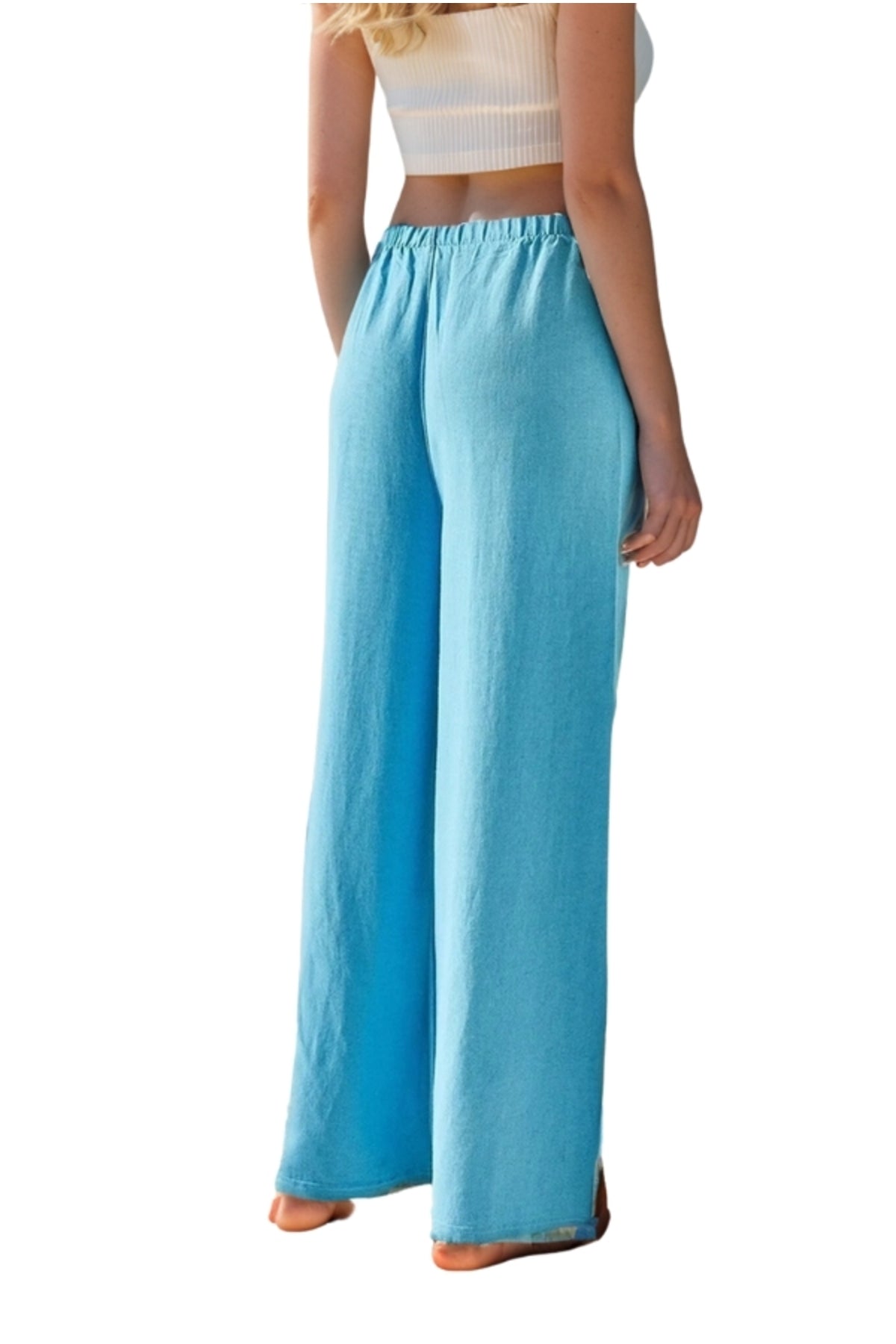 Lucy Women's Linen Blend Wide Leg Palazzo Pants - Turquoise
