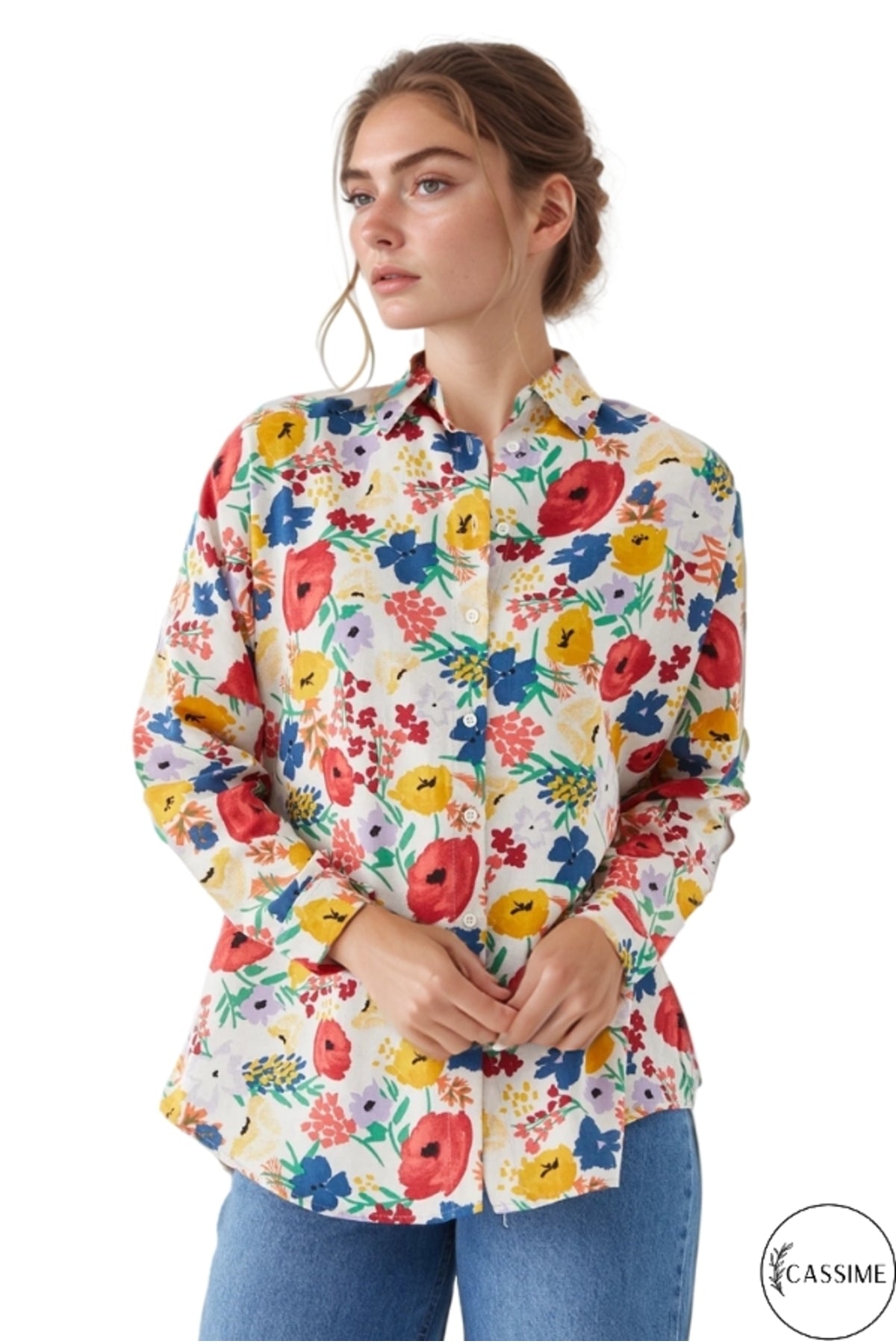Emilia Women's Linen-Viscose Blend Oversized Printed Shirt - Red and Yellow Floral