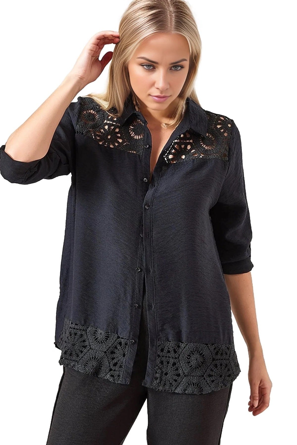 Gemma Women's Lace Pattern Roll-Sleeve Shirt - Black