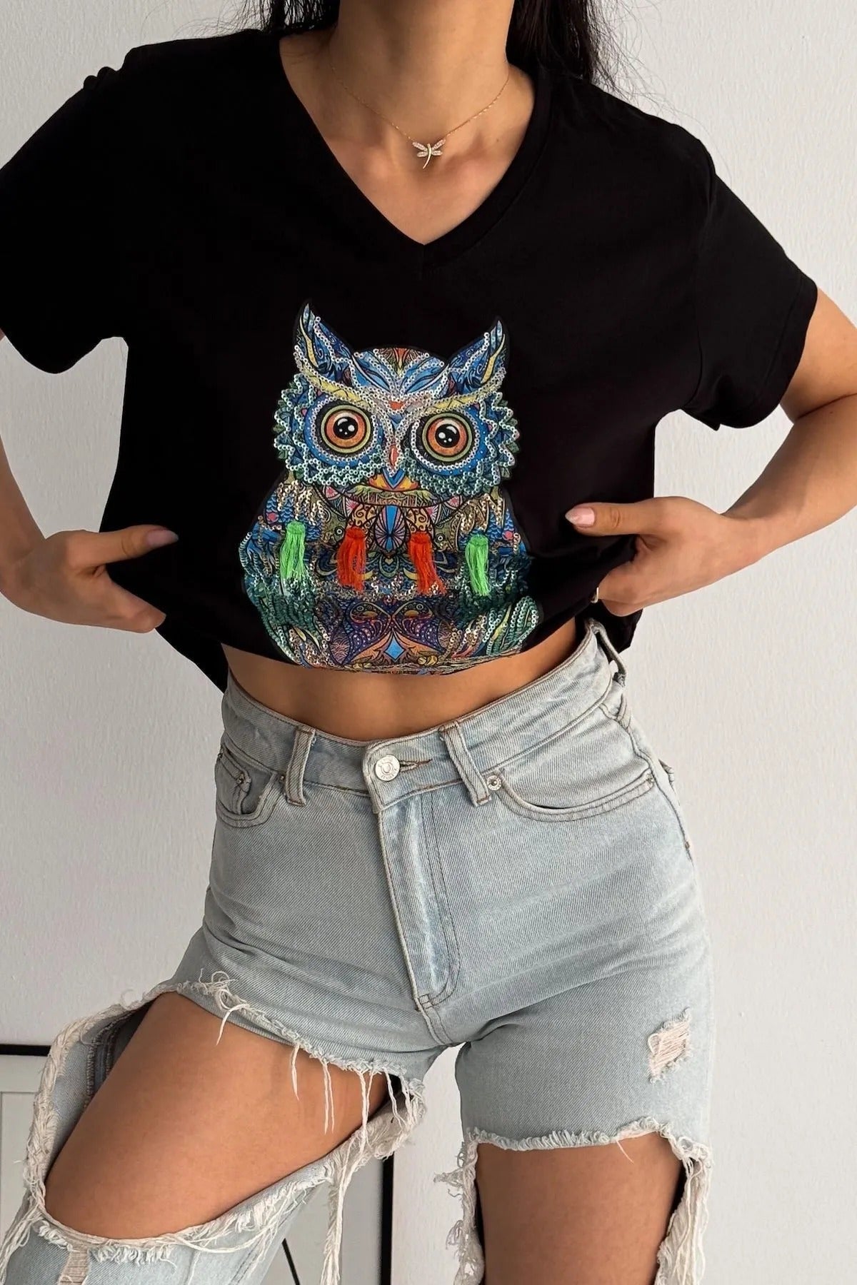 Tilda Black Owl Floral Design Cotton T-shirt