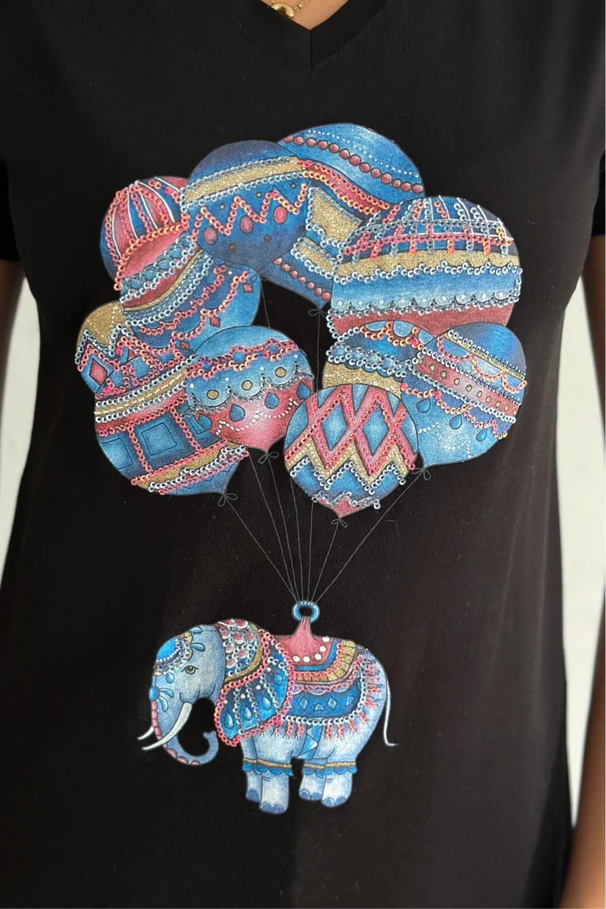 Tilda Black Elephant Balloon Sequin Cotton Short Sleeve T-Shirt