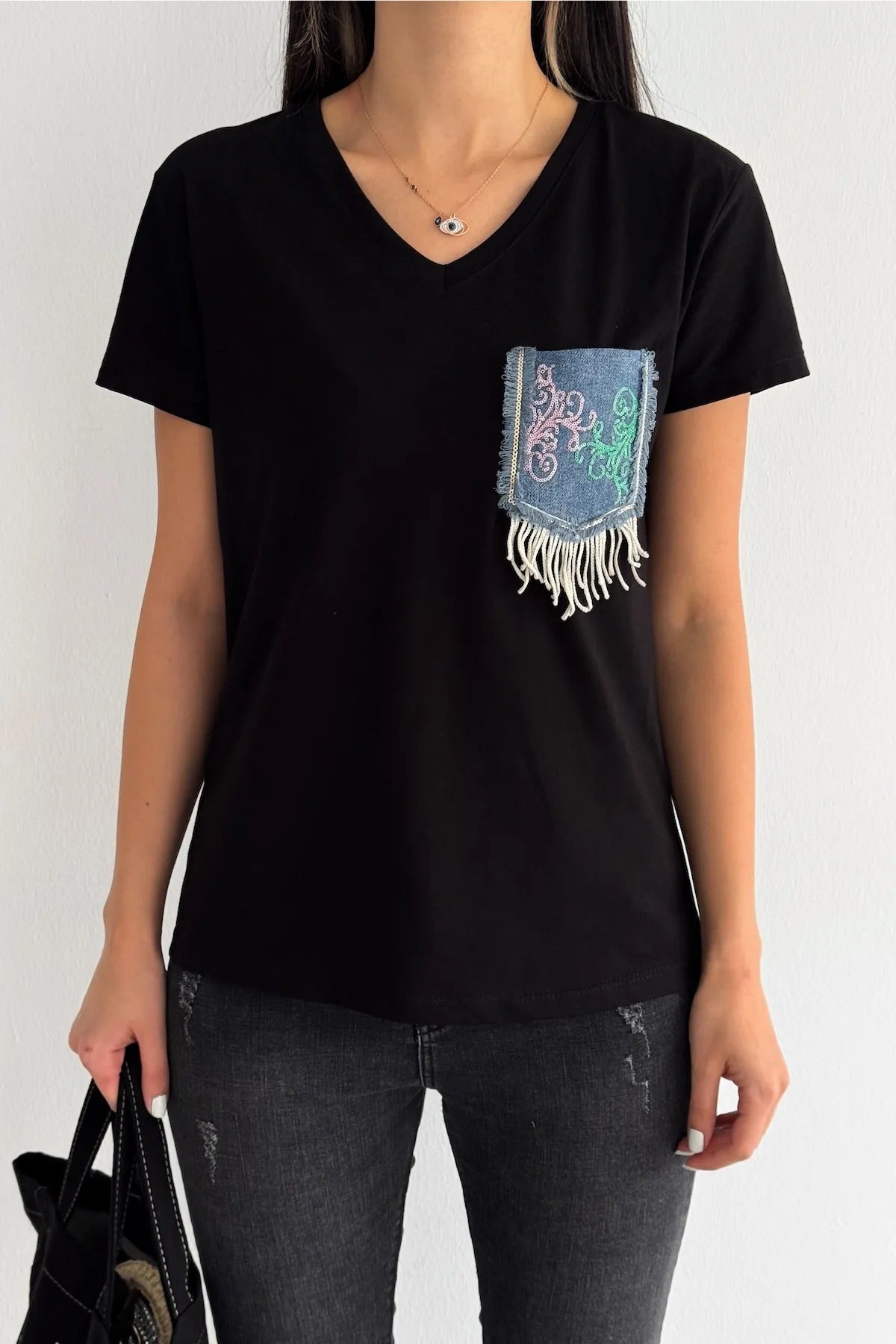 Tilda Black Jean Pocketed Cotton Short Sleeve T-Shirt