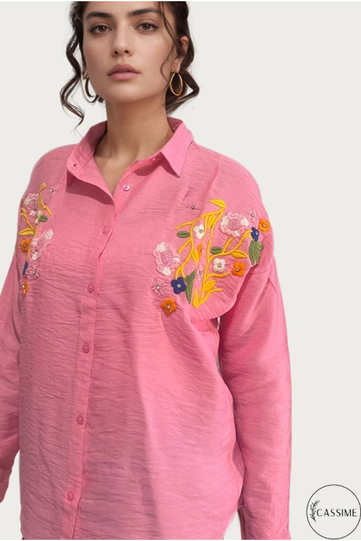 Claire Women's Floral Embellished Button-Up Shirt - Candy Pink Floral Embroidery