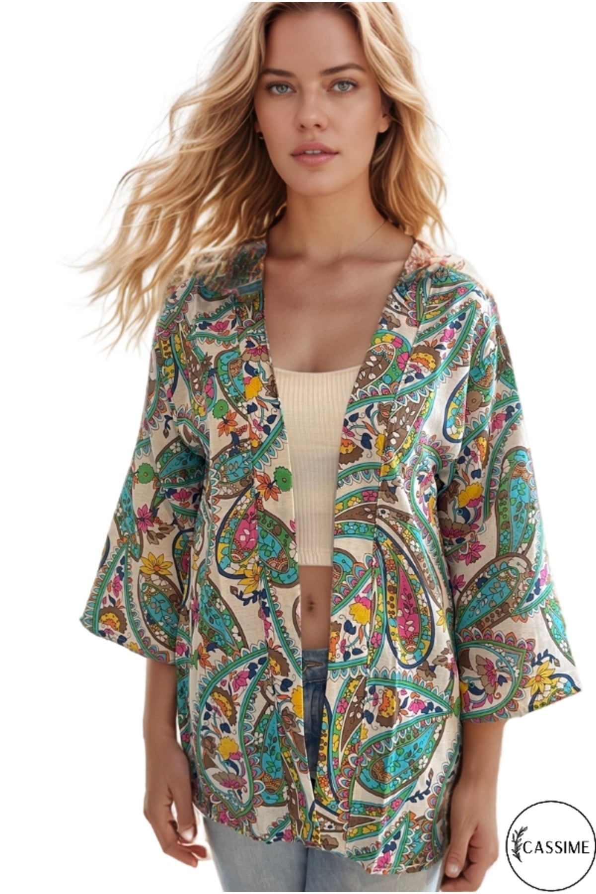 Catherine Women's Linen-Viscose Blend Relaxed Fit Kimono - Green and Pink Print