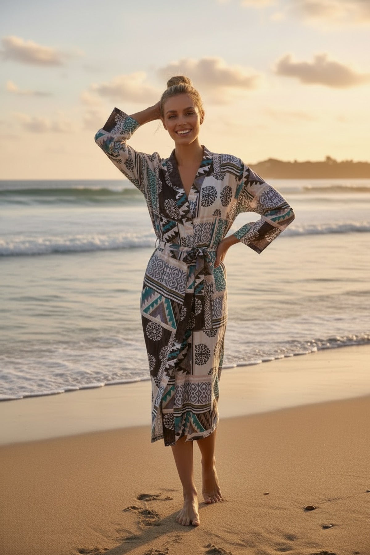 Adele Women's Belted Kimono - Brown Ethnic Print - product image 2