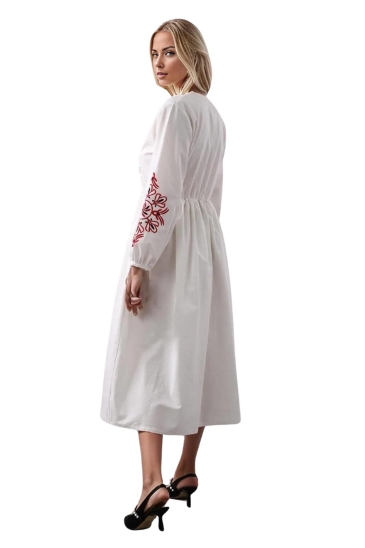 Maria Women's Linen Embroidered Boho Split-Neck Dress - White with Red Embroidery