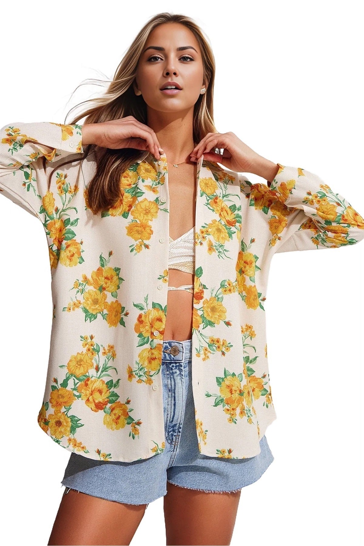 Emilia Women's Linen-Viscose Blend Oversized Printed Shirt - Bright Yellow Floral
