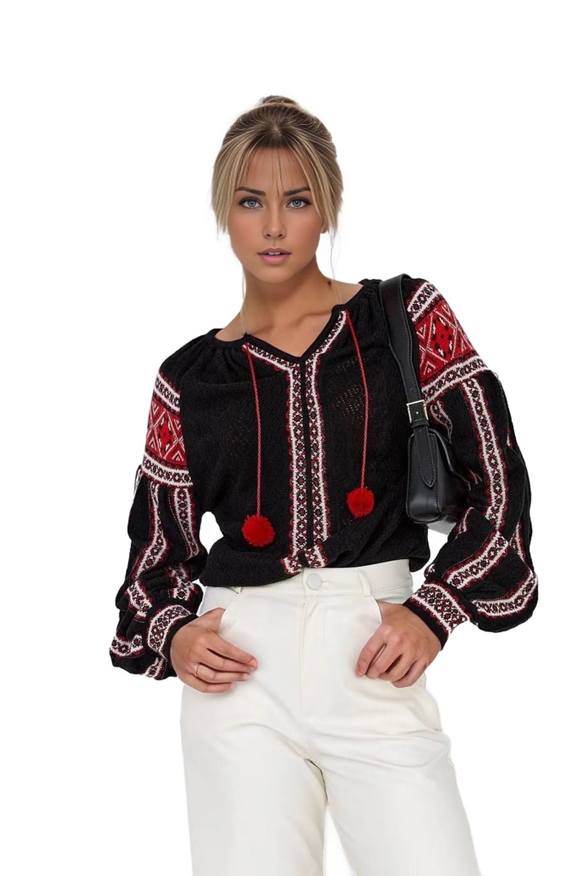 Phoebe Women's V-Neck Tassel Knit Blouse - Black