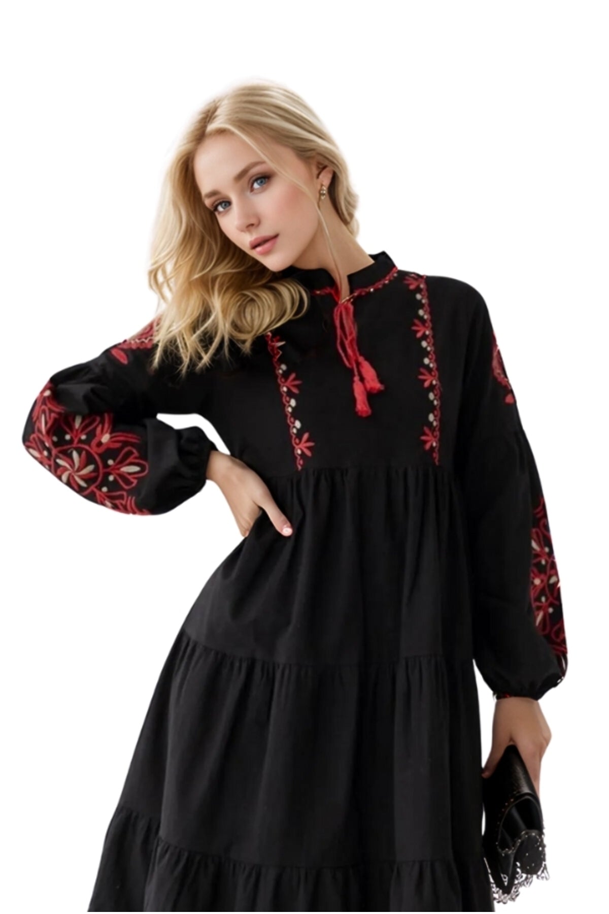 Lola Women's Embroidered Balloon Sleeve Dress - Black