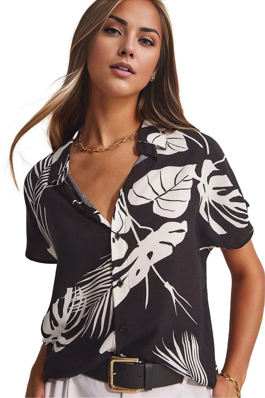 Charlotte Women's Viscose Short Sleeve Batwing Shirt - Black and White Floral