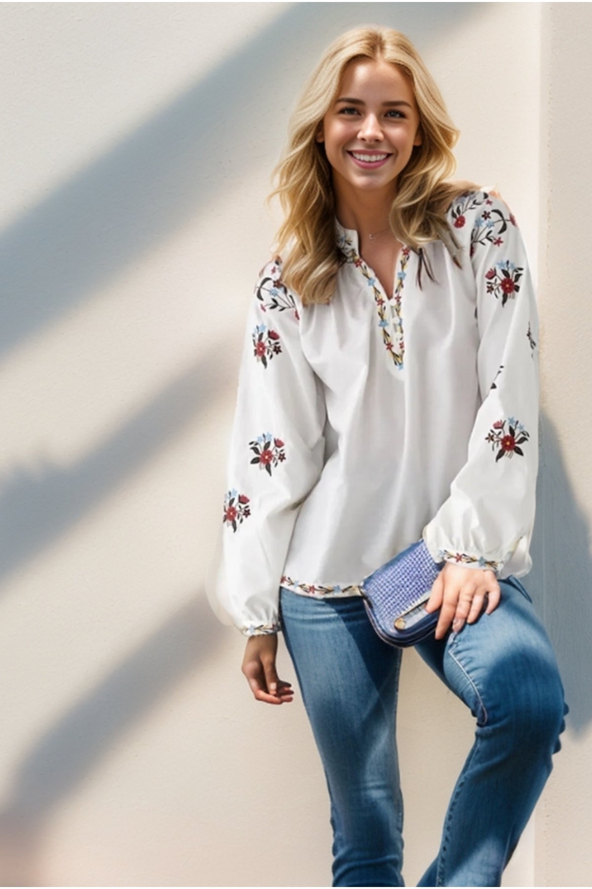 Nicole Women's Cotton Embroidered Long Sleeve Blouse - White Floral Embroidery