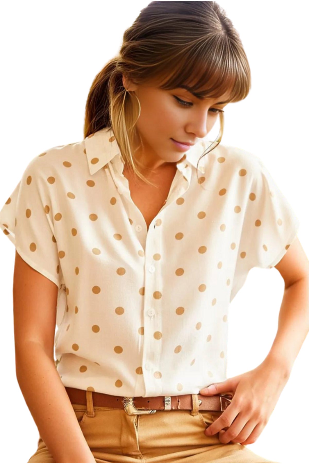 Charlotte Women's Short Sleeve Batwing Shirt - Cream Polka Dot