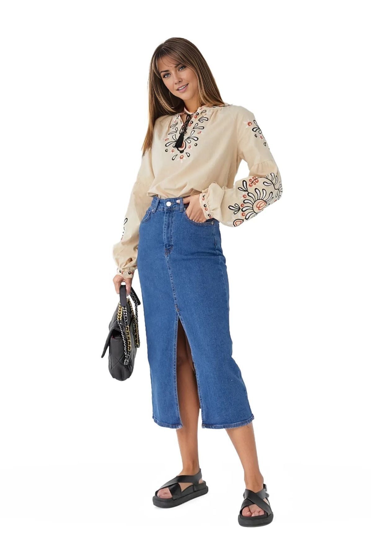April Women's Embroidered Balloon Sleeve Tassel Blouse - Cream