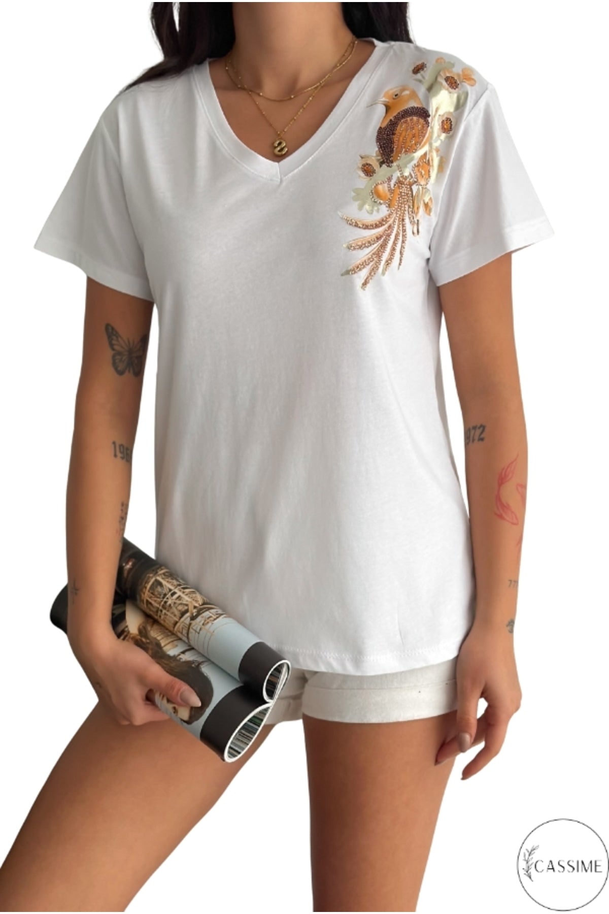 Olivia Women's Cotton Plus Size Embellished V-Neck T-Shirt - White with Gold Bird Embroidery