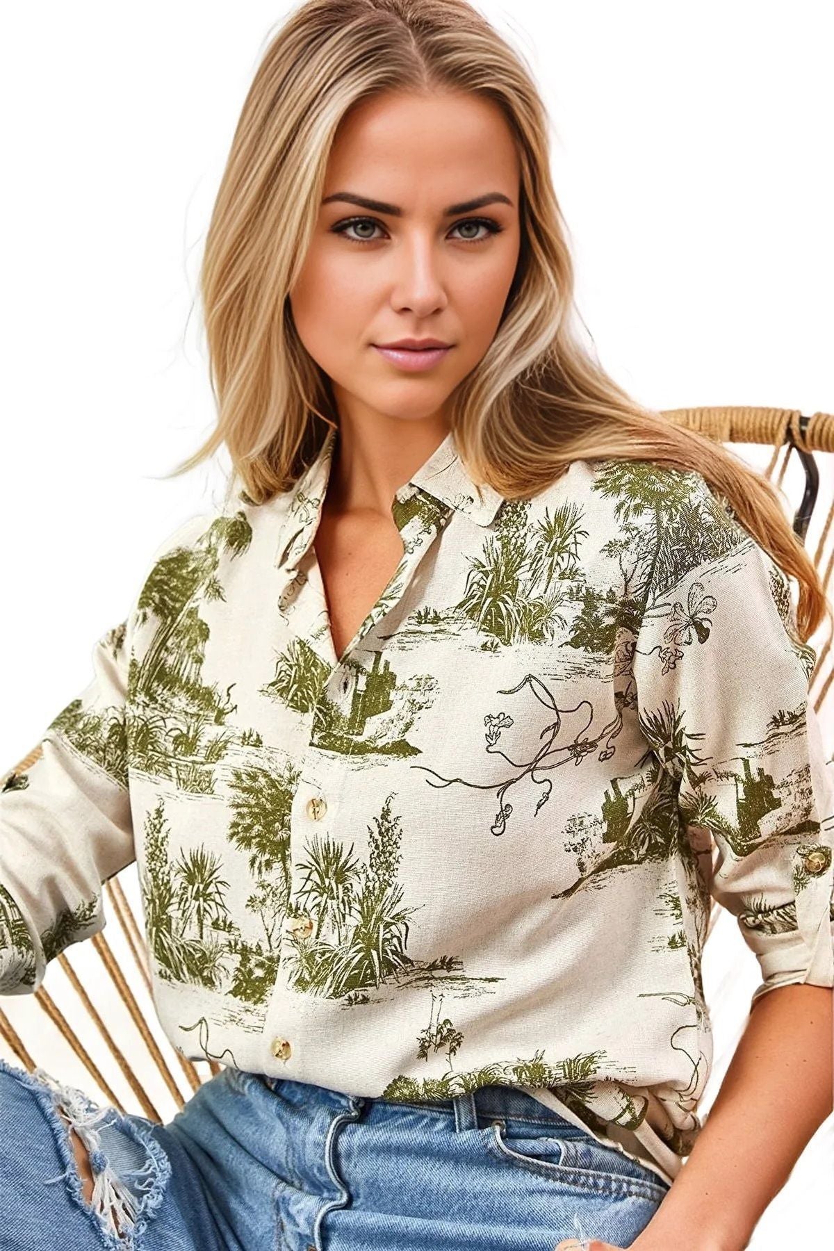 Amelia Women's Viscose Long Sleeve Button-Up Shirt - Green Forest Print