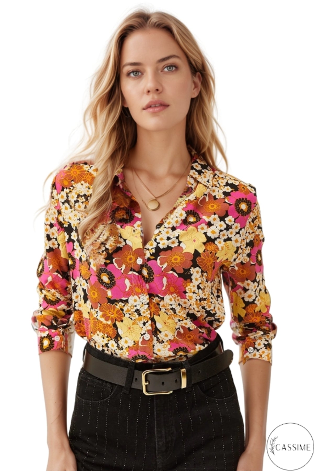 Amelia Women's Viscose Long Sleeve Button-Up Shirt - Multicolor Floral