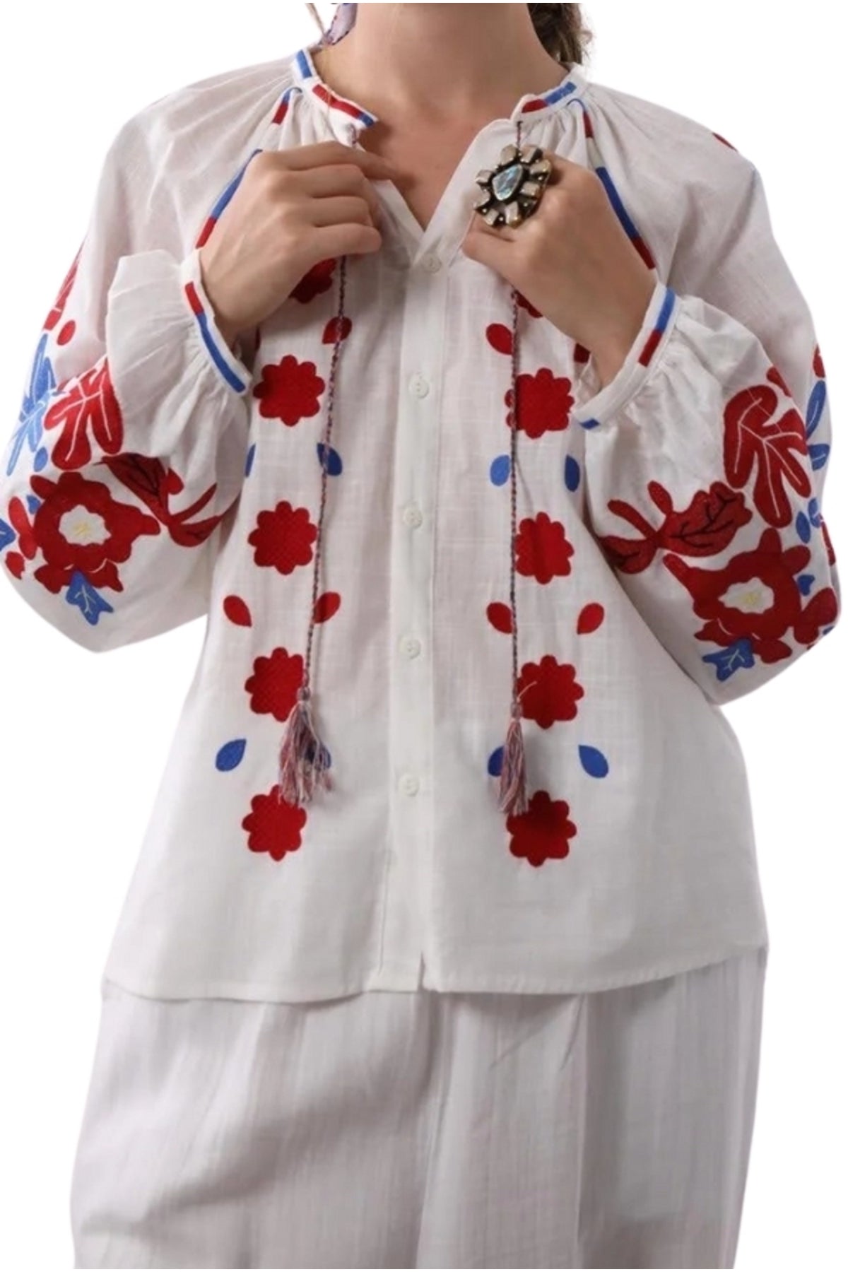 Sadie Women's Cotton Floral Embroidered Tie Blouse - Red and Blue Floral