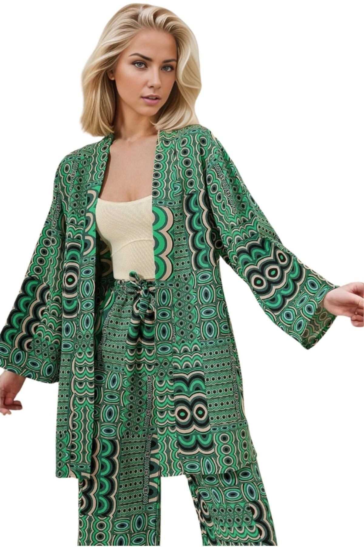 Catherine Women's Linen-Viscose Blend Relaxed Fit Kimono - Green Geometric Print