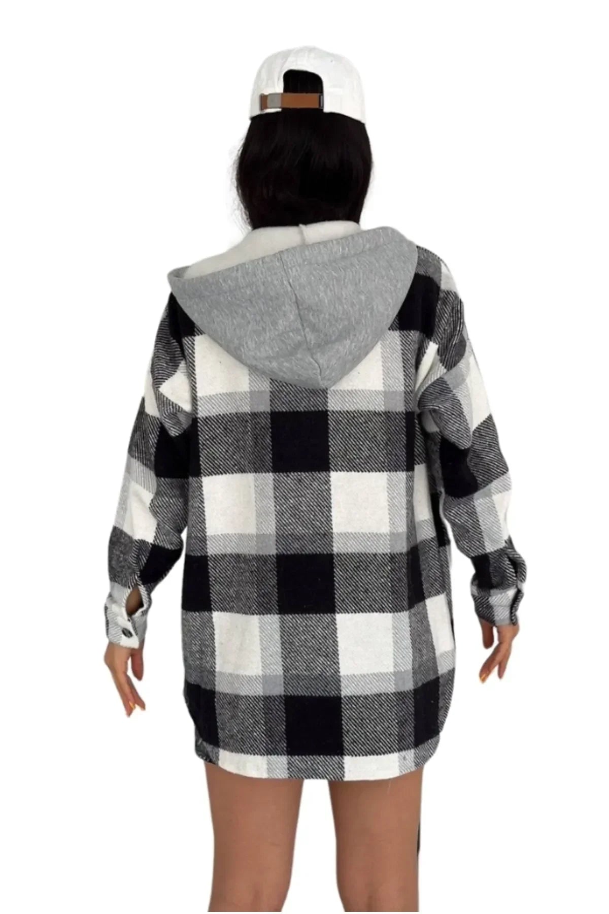 Harper Black White Cotton Plaid Shacket with Hoodie