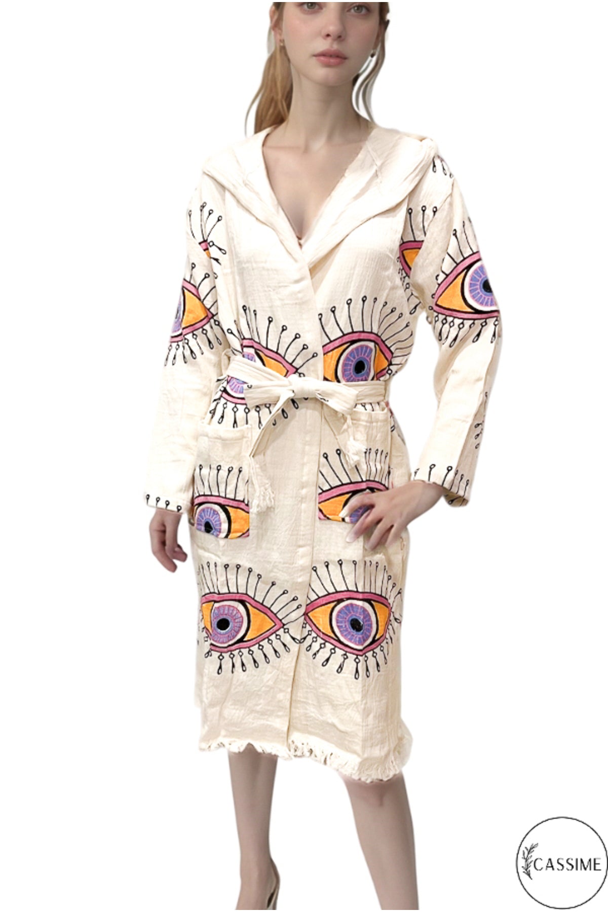 Heidi Women's Evil Eye Hooded Muslin Beach Robe - Lilac and Pink Evil Eye Design