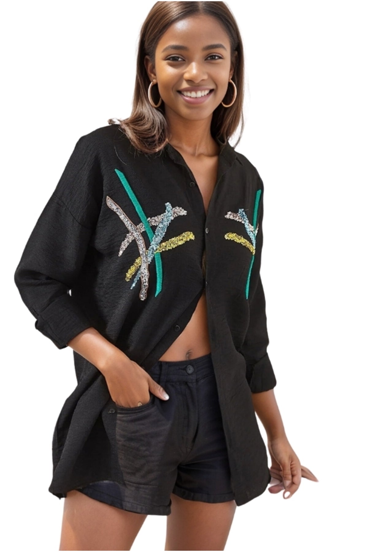 Natasha Women's Embroidered Oversized Shirt - Black Striped
