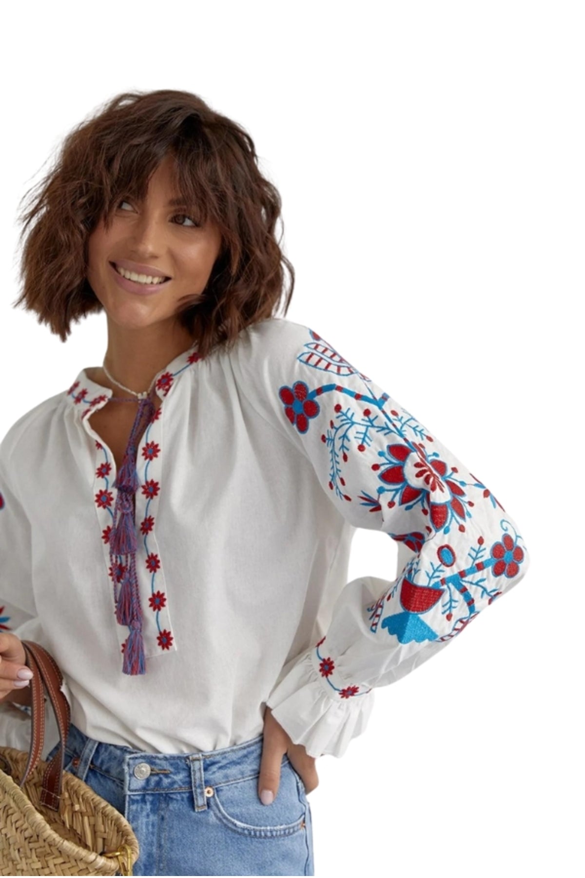 Crystal Women's Cotton Embroidered Long Sleeve Tie Blouse - Blue and Red Floral