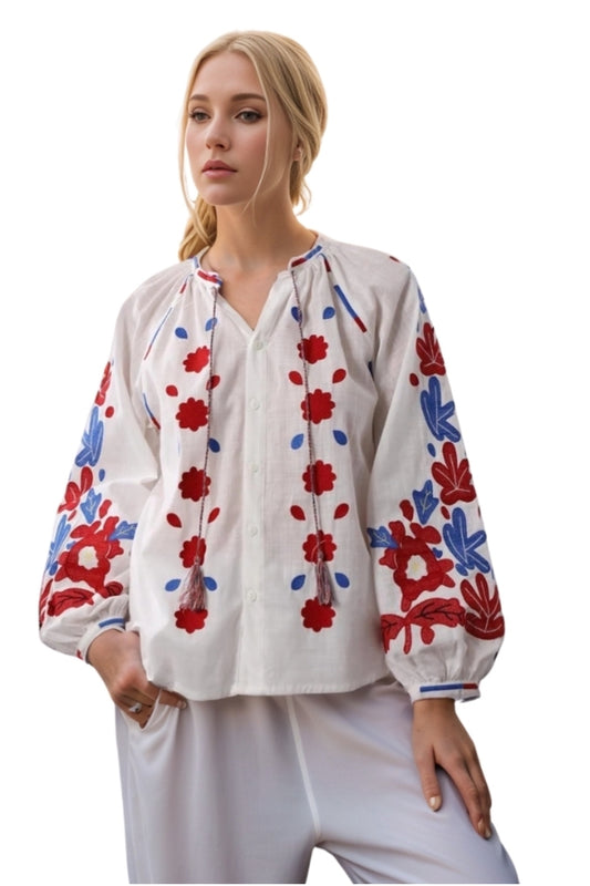 Sadie Women's Cotton Floral Embroidered Tie Blouse - Red and Blue Floral