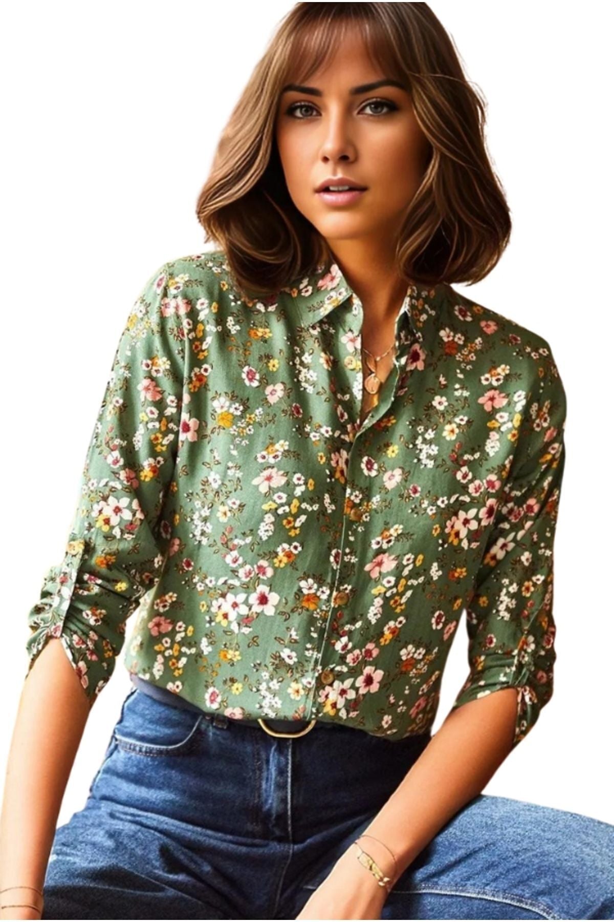 Amelia Women's Viscose Long Sleeve Button-Up Shirt - Khaki Mini Floral